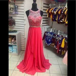 Size 00 Bright Pink Beaded Prom Homecoming Pageant Evening Gown Formal Dress NWT